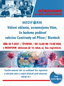 OČKOVANIE BEZ REGISTRÁCIE V MEDIFORM  – 30.09.2021