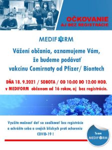 OČKOVANIE BEZ REGISTRÁCIE V MEDIFORM  – 18.09.2021