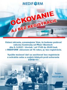 OČKOVANIE BEZ REGISTRÁCIE V MEDIFORM  – 09.09.2021