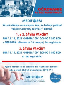 OČKOVANIE BEZ REGISTRÁCIE V MEDIFORM  – 13.11.2021